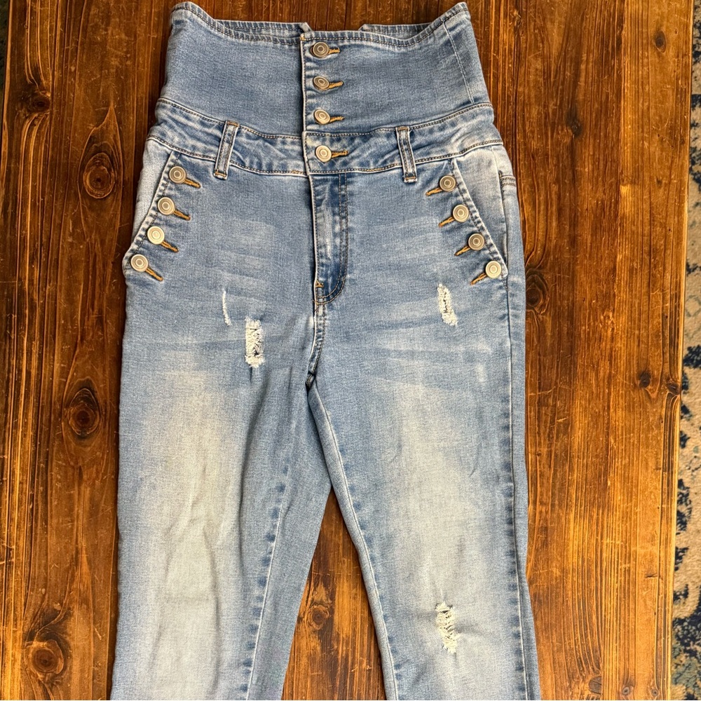 Fashion Nova Blue High Rise Jeans with Distressed Details